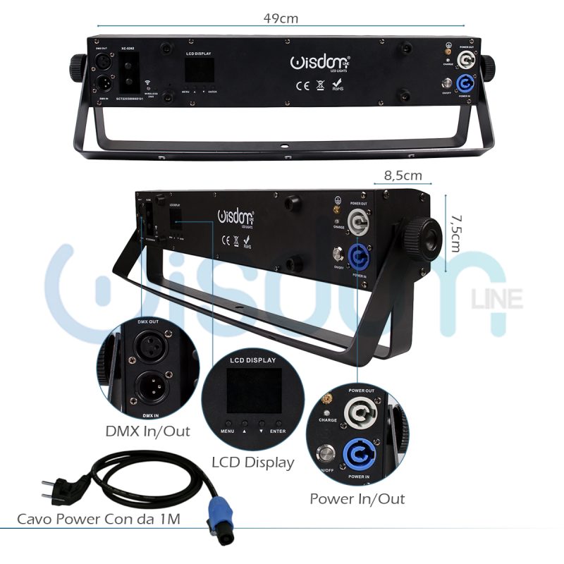 Barra LED 9x18 RGBW-Ambra e UV portatile a batteria WiFi 2,4